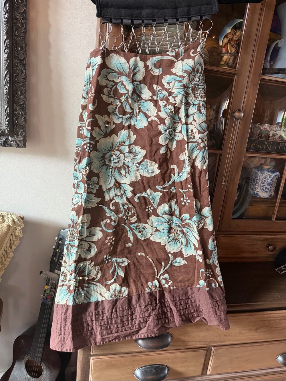 Coldwater Creek Brown Maxi Skirt with Aqua Floral Print